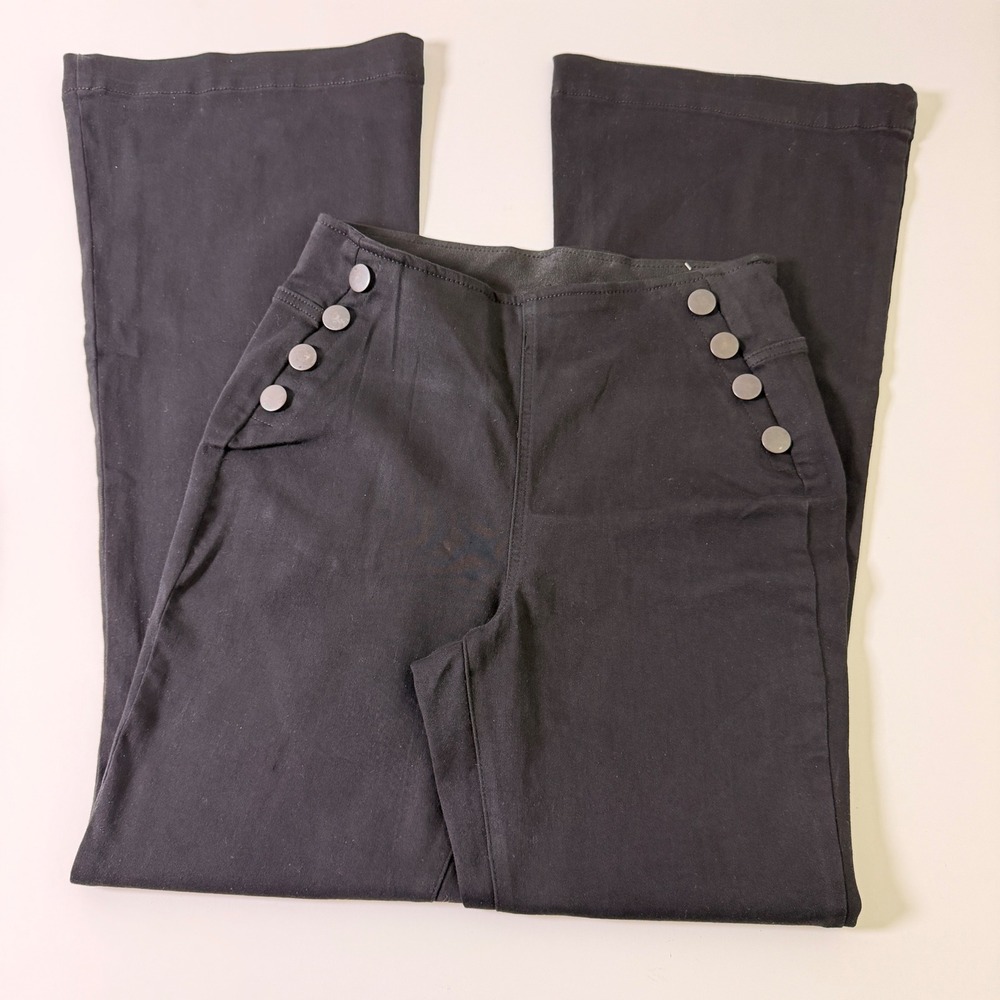 INC International Concepts Black Flare Pull On Sailor Button Pants Size 8
